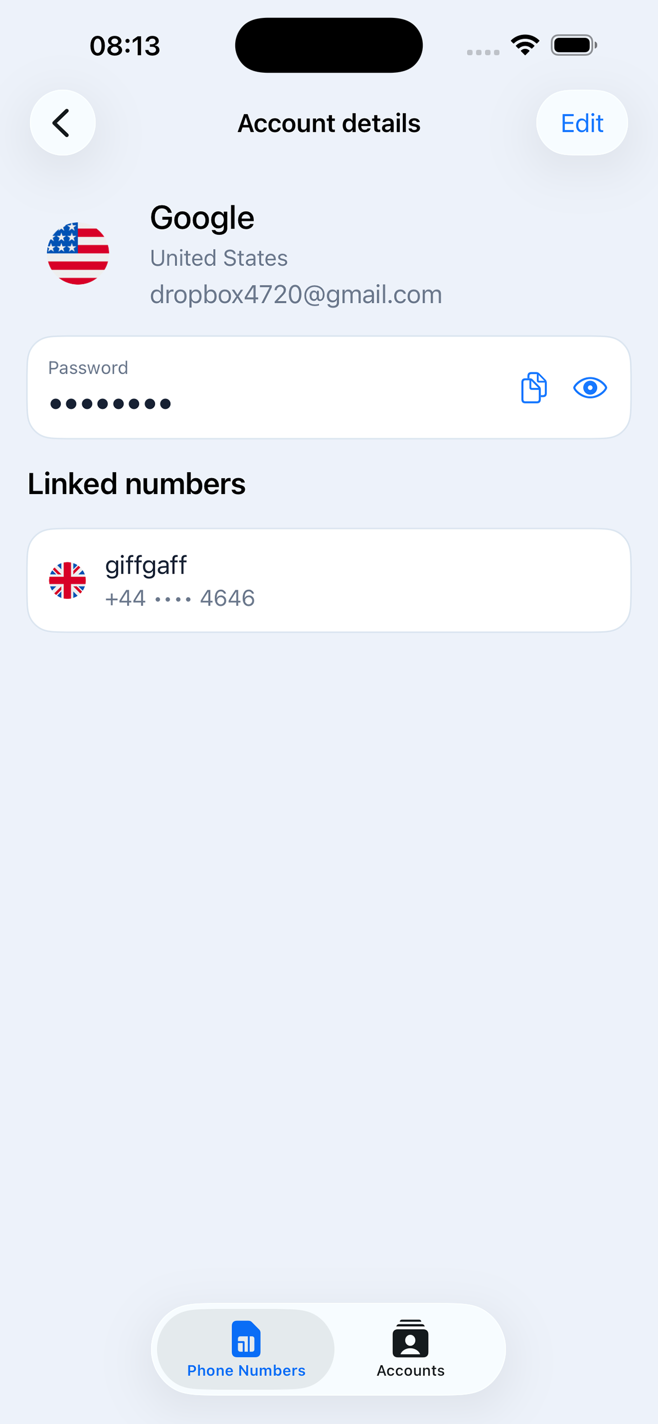 SIMMemo account details with a linked phone number