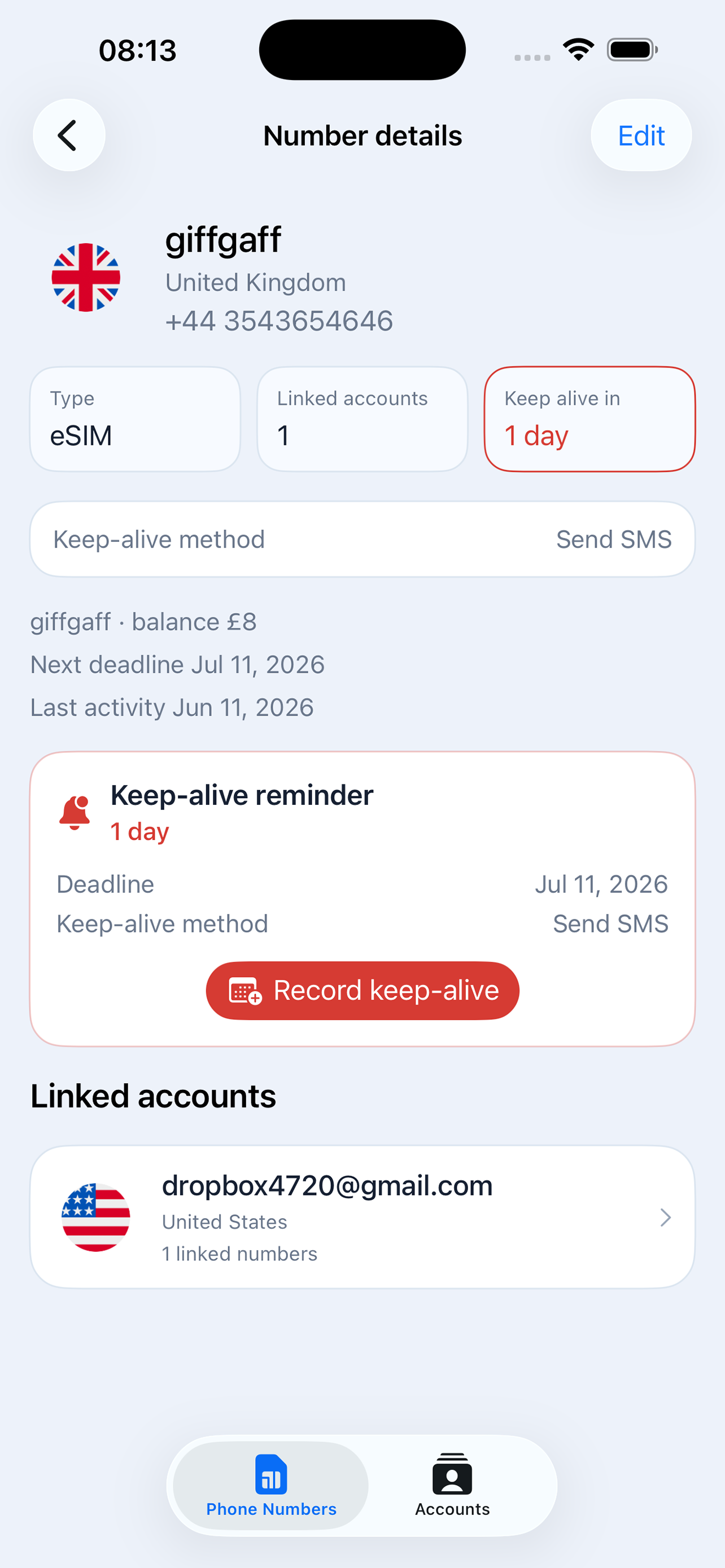 SIMMemo phone details showing a one-day keep-alive reminder