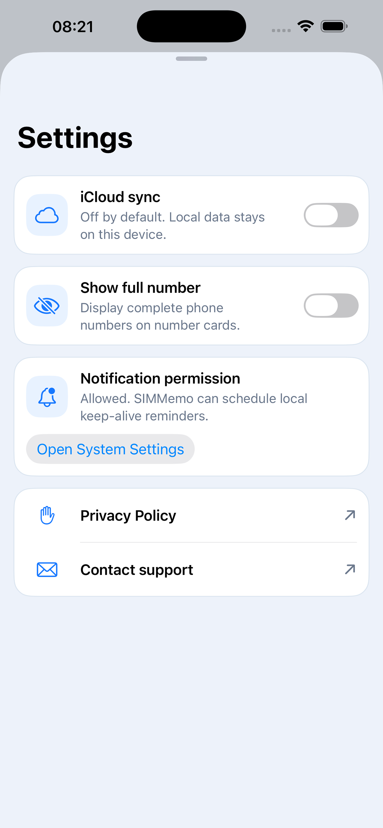 SIMMemo settings showing optional iCloud sync and privacy controls